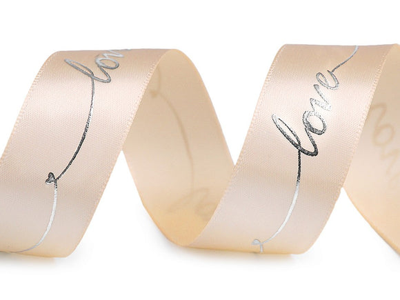 Cream satin ribbon with  Love in silver wording