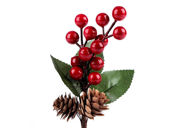 Artificial Twig and red Berries with pine cone