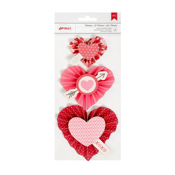 American Crafts Valentines heart rosettes 3pcs self-adhesive